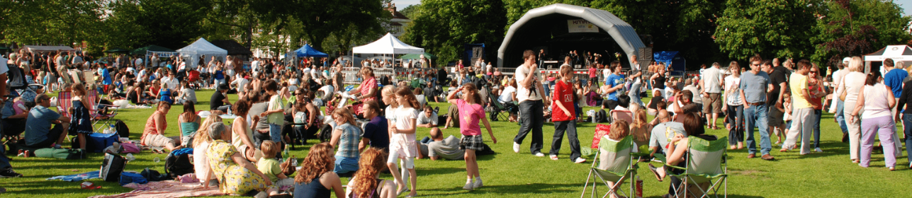 A diverse crowd gathered on the grass at a festival, enjoying the vibrant atmosphere and festivities.